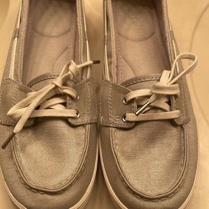 Keds slip on sneaker, EUC very clean, gray/silver fabric,slight shine, size 10
